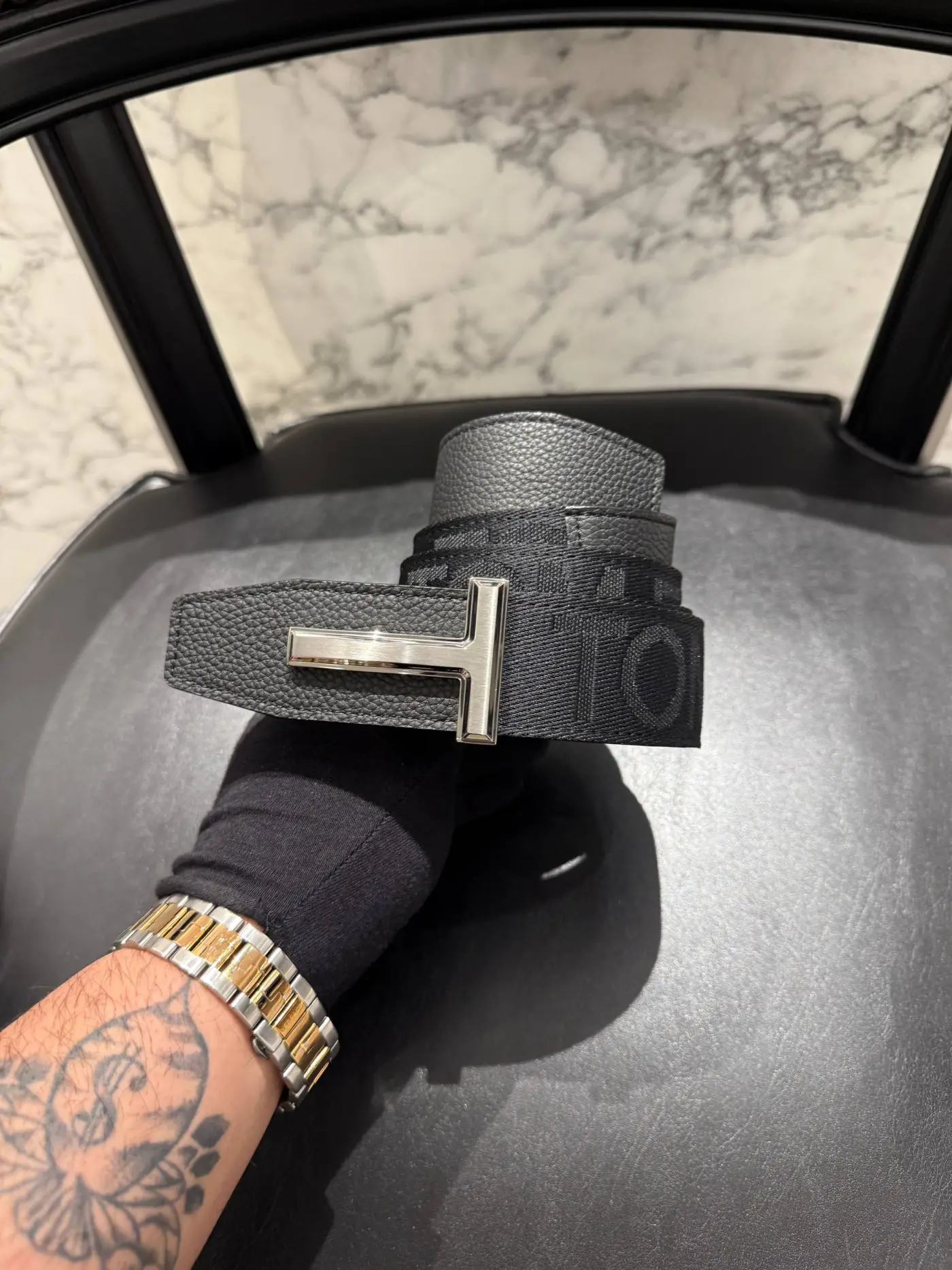 TOMFORD Gümüş Toka Deri-Kumaş Kemer